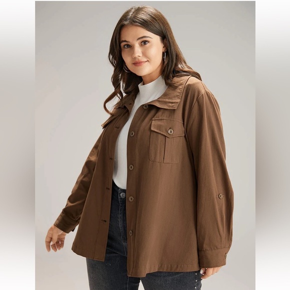 BloomChic Plus Size Plain Roll Tab Sleeve Button Down Coat 2XL us18-20 - Picture 2 of 7